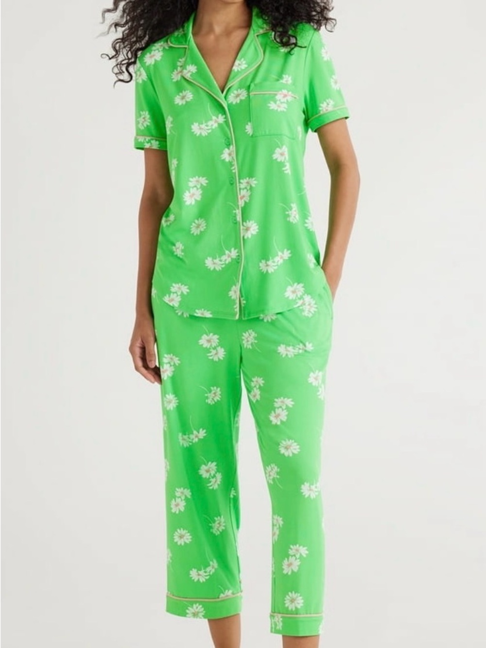 Green Floral Short-Sleeve Pajama Set - Women's Two-Piece Sleepwear